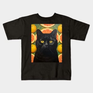 Black Cat Collage Surrounded by Citrus Fruit - Retro Vintage Unique Kitty Art Kids T-Shirt